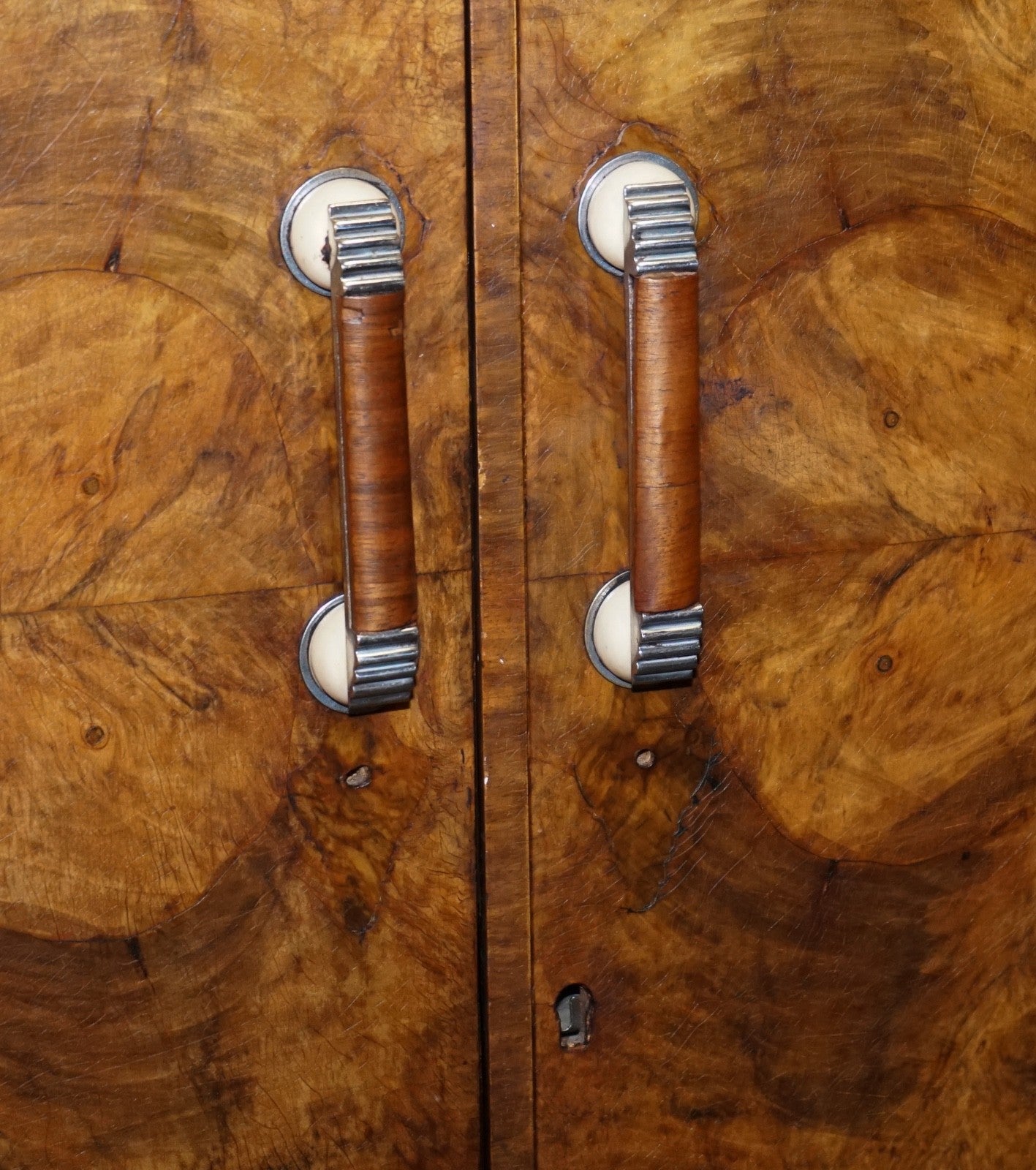 STUNNING ART DECO 1920'S PETITE BURR WALNUT TWO DOOR WARDROBE OR AMOIRE