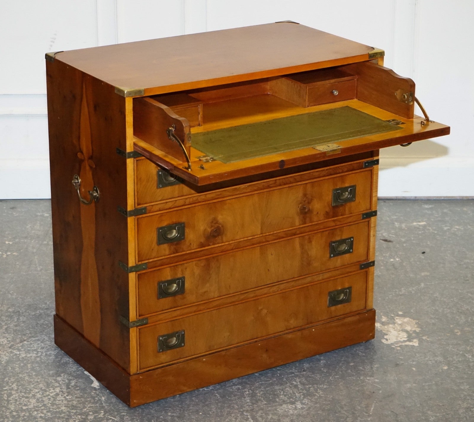 VINTAGE MILITARY CAMPAIGN YEW WOOD SECRETARY CHEST OF DRAWERS WiTH BRASS HANDLES