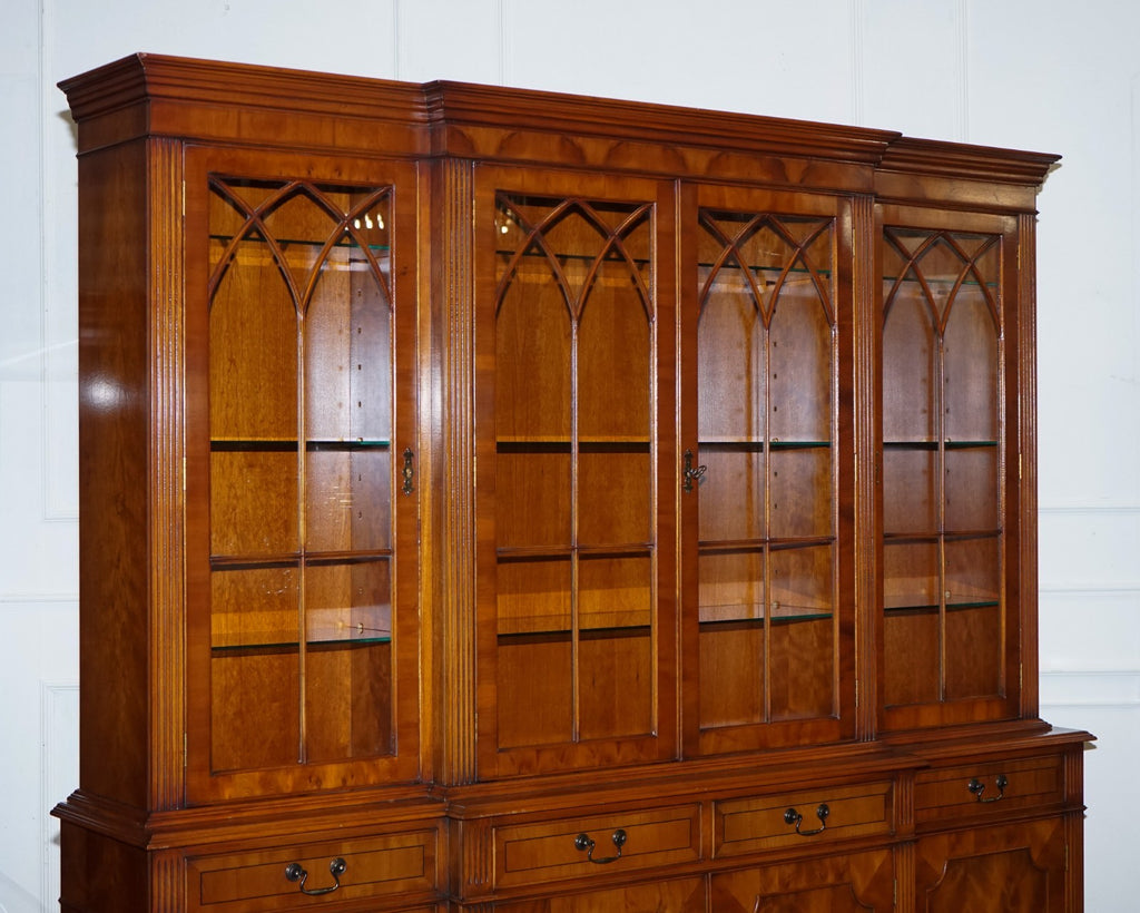 STUNNING GEORGIAN STYLE  BURR YEW BREAKFRONT FOUR DOOR DISPLAY CABINET BOOKCASE