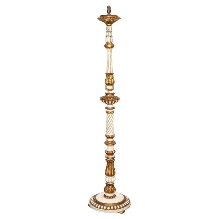 ITALIAN FLORENTINE STYLE CARVED & HAND PAINTED WHITE & GILT STANDARD FLOOR LAMP
