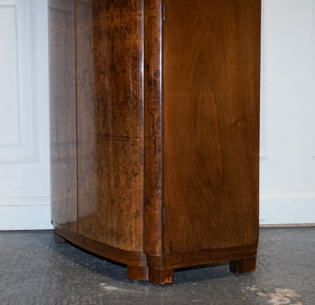 ANTIQUE CIRCA 1930'S ENGLISH BURR WALNUT ART DECO TWO DOOR WARDROBE WITH SHELVES