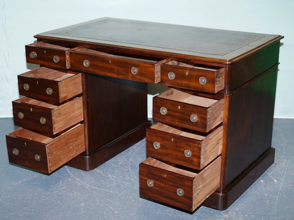 ANTIQUE VICTORiAN HARDWOOD PEDESTAL DESK WITH TOOLED LEATHER TOP