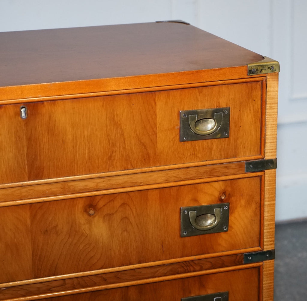 VINTAGE MILITARY CAMPAIGN YEW WOOD SECRETARY CHEST OF DRAWERS WiTH BRASS HANDLES