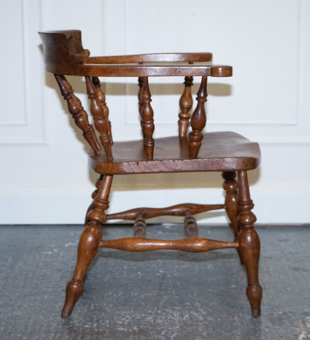 GORGEOUS PATINA EDWARDIAN SOLID ELM BOW BACK SMOKERS CAPTAINS CHAIR