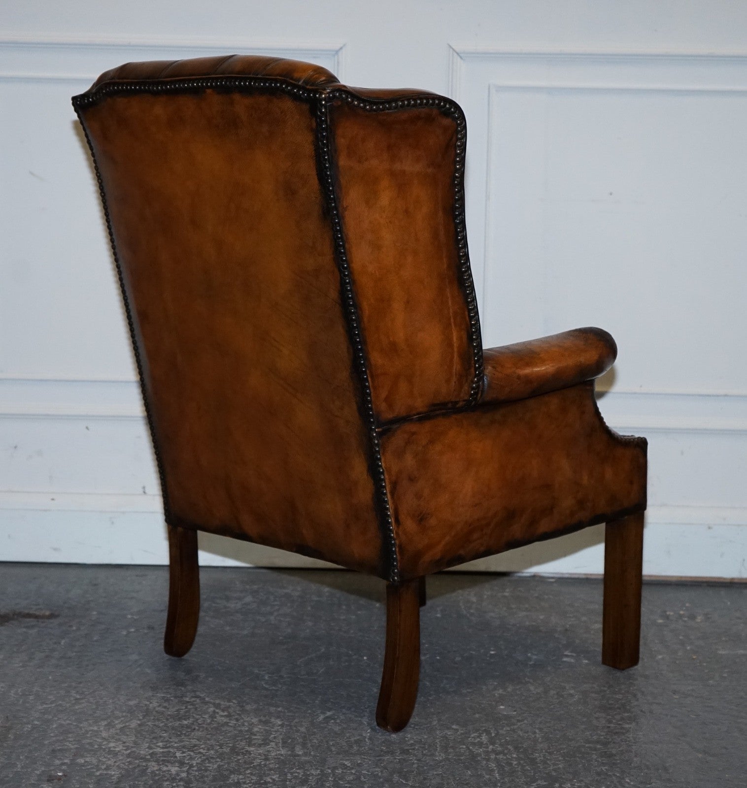 STUNNING 1960'S HAND DYED BROWN LEATHER CHESTERFIELD WINGBACK ARMCHAIRS