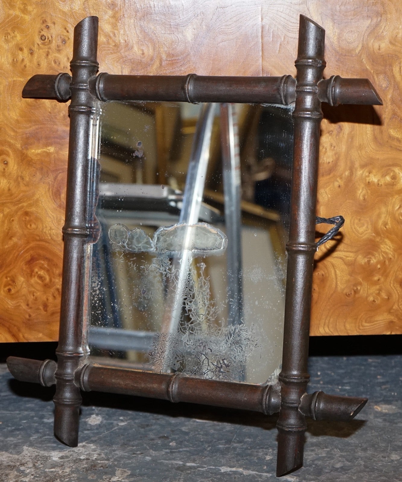 SMALL FRENCH ANTIQUE DECORATIVE FAUX BAMBOO WALL MiRROR WITH HEAVILY FOXED GLASS
