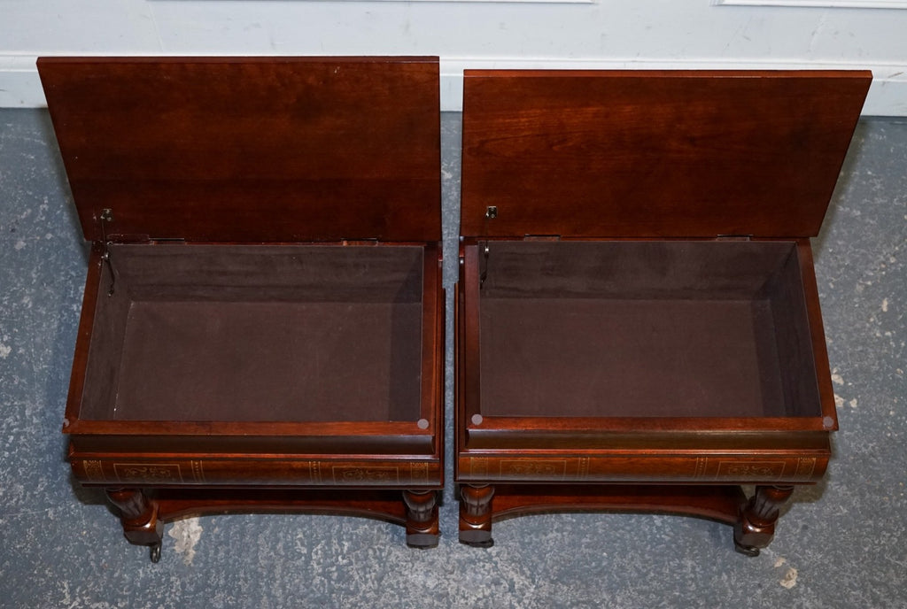 MATCHING PAIR OF WOODEN FAUX BOOKS STACK SIDE END WINE TABLES WITH STORAGE