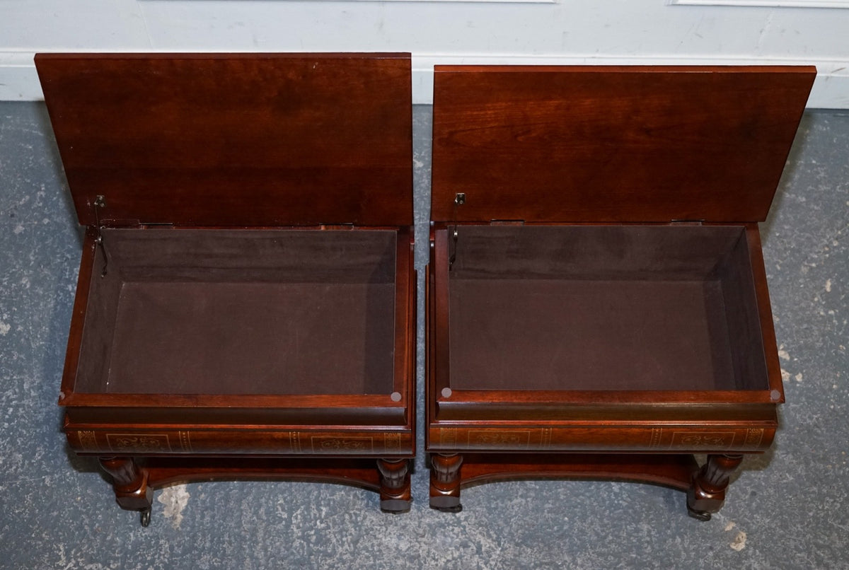 MATCHING PAIR OF WOODEN FAUX BOOKS STACK SIDE END WINE TABLES WITH STORAGE