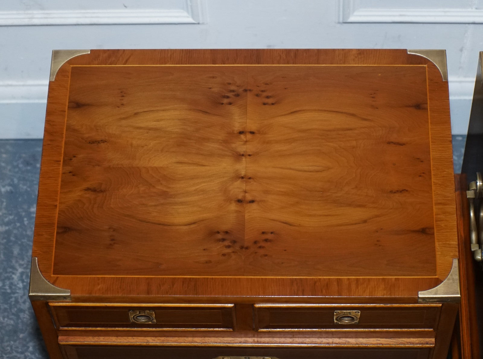 A PAIR OF YEW WOOD & BRASS ENGLISH MILITARY CAMPAIGN END CABINETS NIGHTSTANDS