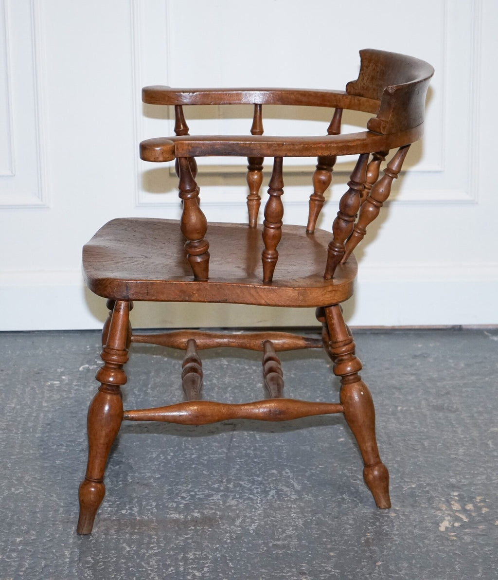 GORGEOUS PATINA EDWARDIAN SOLID ELM BOW BACK SMOKERS CAPTAINS CHAIR
