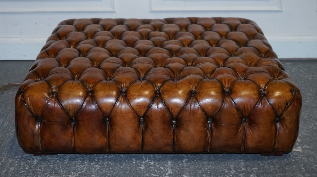 STUNNING LARGE HAND DYED BROWN LEATHER CHESTERFIELD FOOTSTOOL OTTOMAN