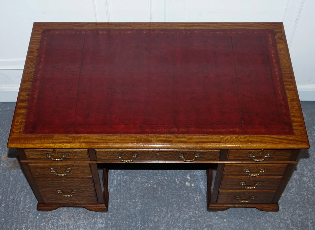 ANTIQUE RESTORED HOBBS & CO LONDON TWIN PEDESTAL DESK HAND DYED RED LEATHER TOP