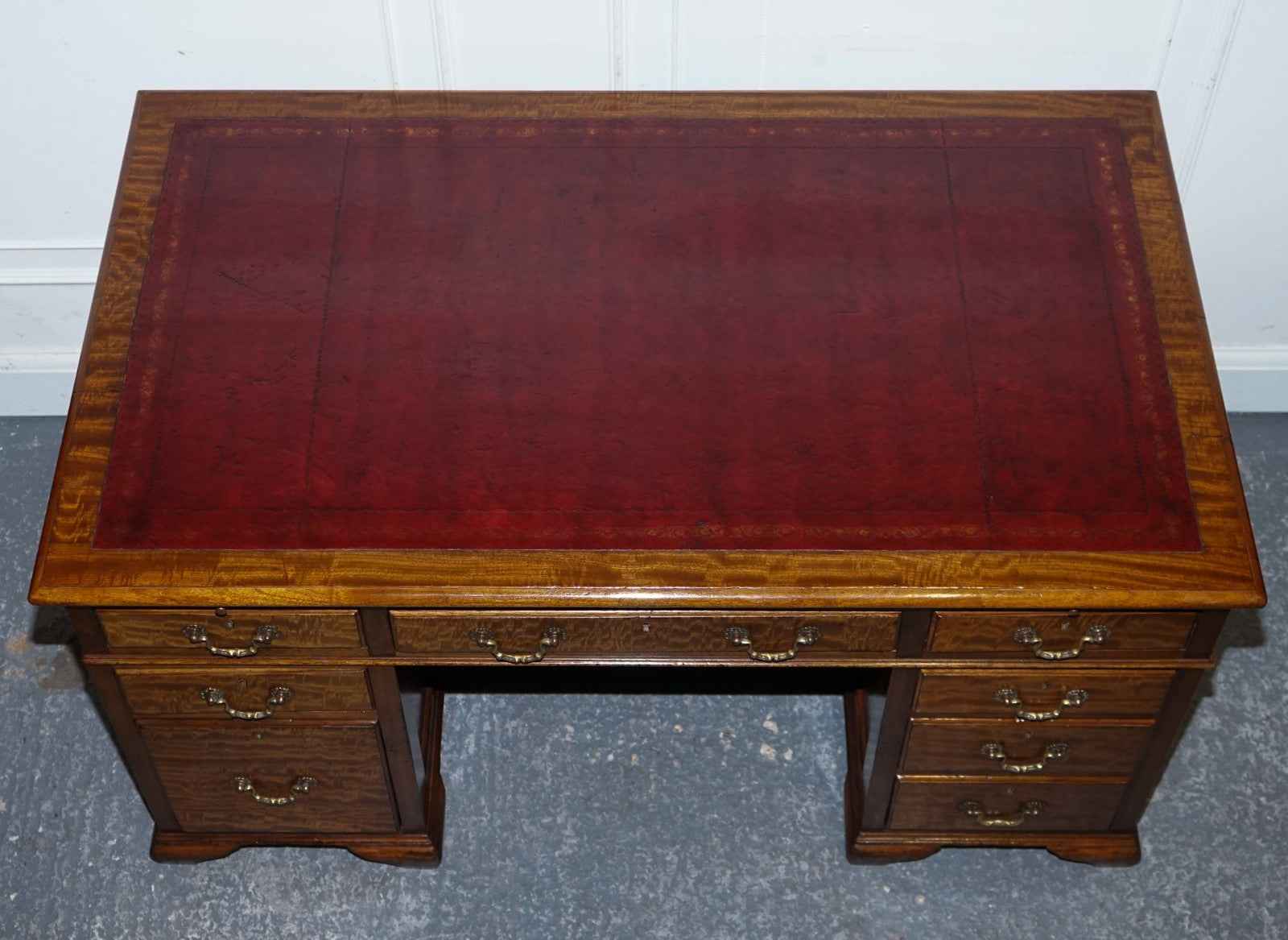 ANTIQUE RESTORED HOBBS & CO LONDON TWIN PEDESTAL DESK HAND DYED RED LEATHER TOP