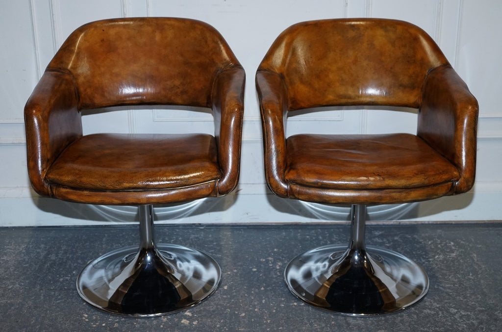 SET OF FOUR RESTORED HAND DYED LEATHER LARGO JOHANSON DESIGN SWIVEL ARMCHAIRS