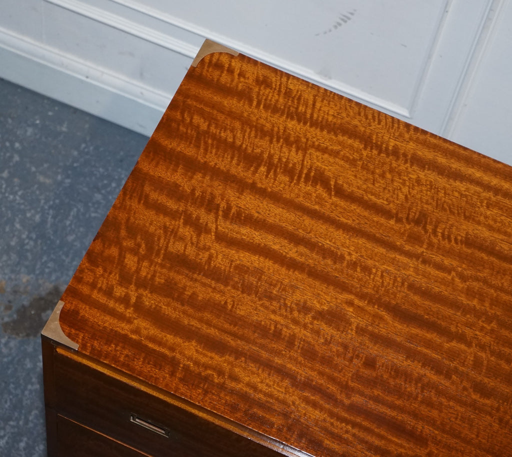 VINTAGE MILITARY CAMPAIGN SECRETAIRE CHEST OF DRAWERS WITH AGED RED LEATHER