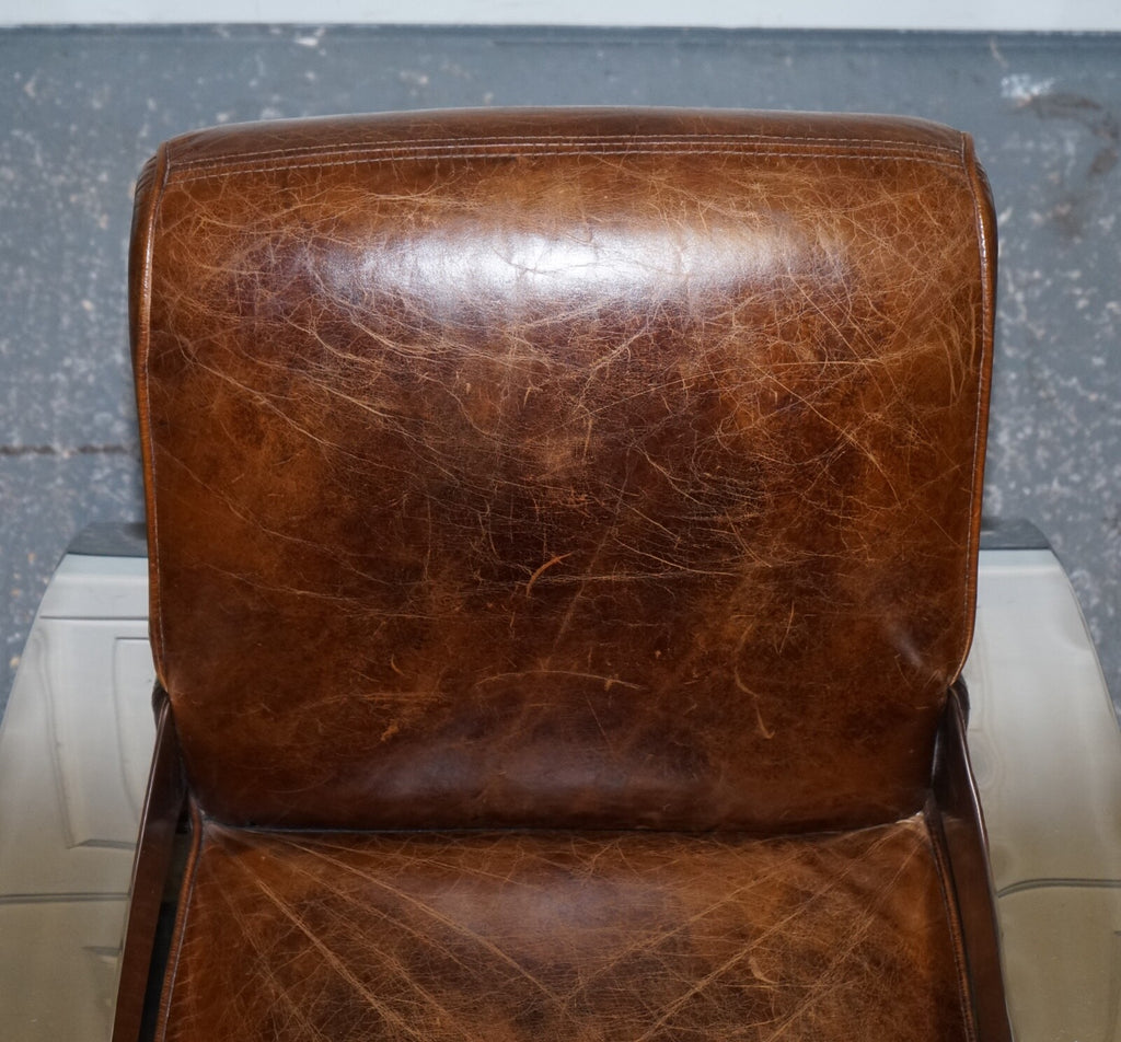 STUNNING PAIR OF FRENCH ART DECO CHROME AVIATOR HERITAGE BROWN LEATHER ARMCHAIRS