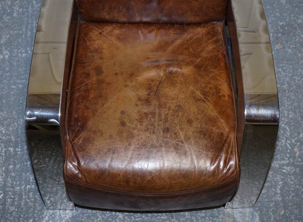 STUNNING PAIR OF FRENCH ART DECO CHROME AVIATOR HERITAGE BROWN LEATHER ARMCHAIRS