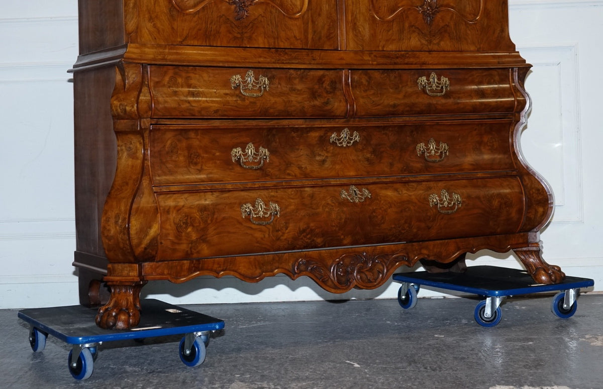 ANTIQUE CIRCA 1750 DUTCH LOUIS XV STYLE BURR WALNUT BOMBAY LINEN PRESS CABINET
