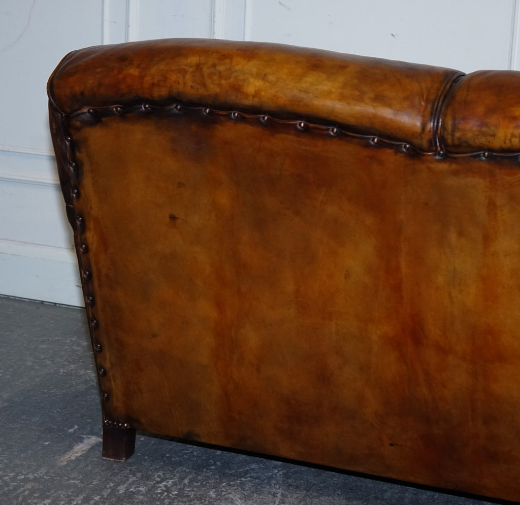 RESTORED HAND DYED LEATHER THREE SEATER SOFA HOWARD & SONS STYLE FEATHER FILLED