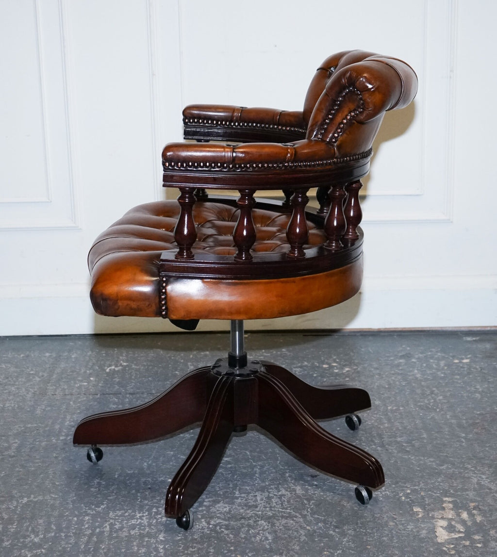 FULLY RESTORED CIGAR BROWN LEATHER CHESTERFIELD CAPTAINS OFFICE SWIVEL ARMCHAIR