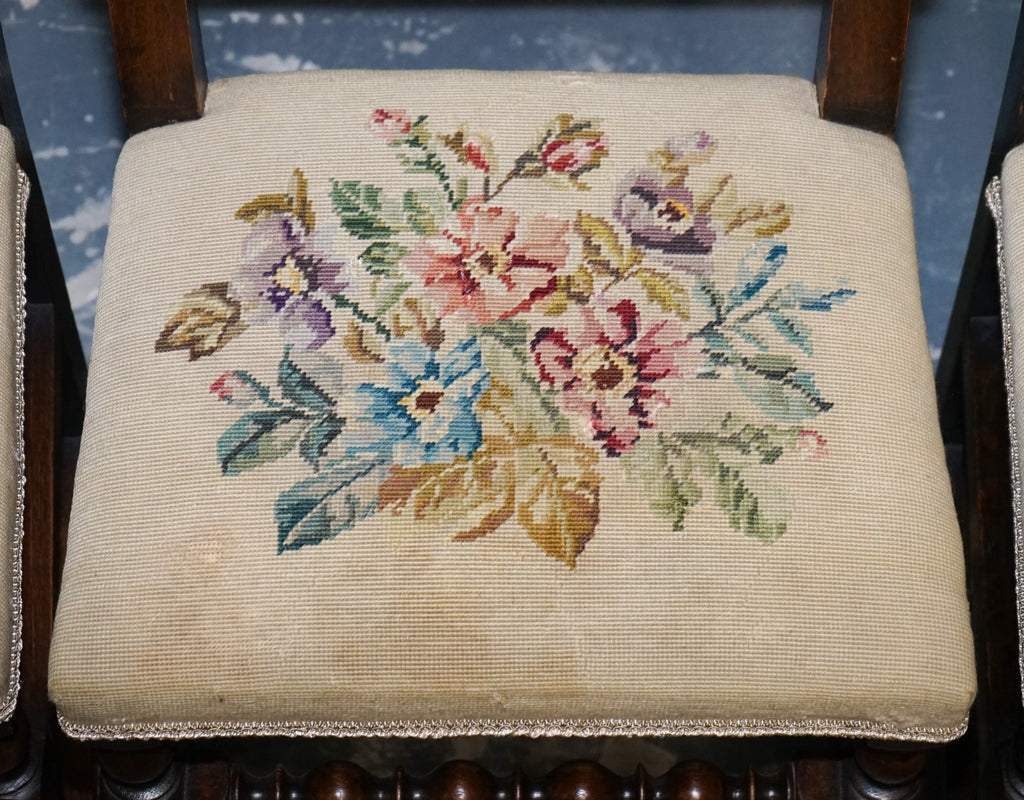 ENGLISH VICTORIAN SET OF SIX ORIGINAL FLORAL TAPESTRY UPHOLSTERY DINNING CHAIRS