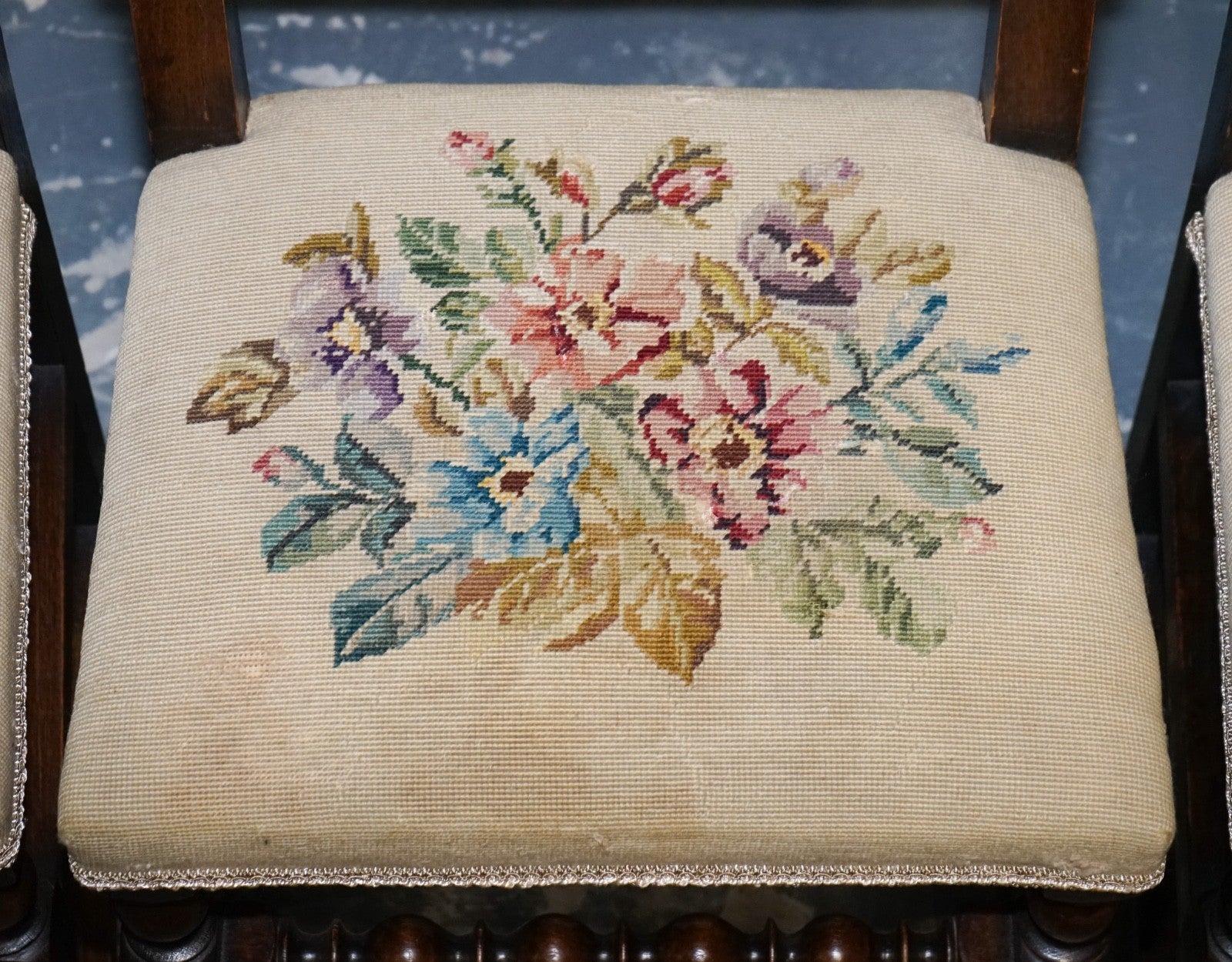 ENGLISH VICTORIAN SET OF SIX ORIGINAL FLORAL TAPESTRY UPHOLSTERY DINNING CHAIRS