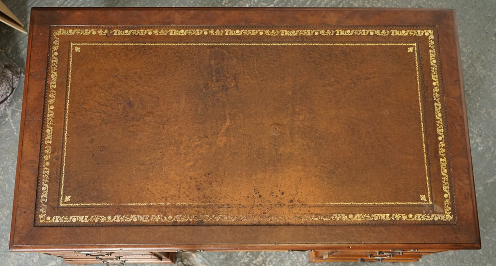 VINTAGE BURR WALNUT TWIN PEDESTAL BROWN LEATHER TOP DESK GOLD EMBOSSED TOOLING