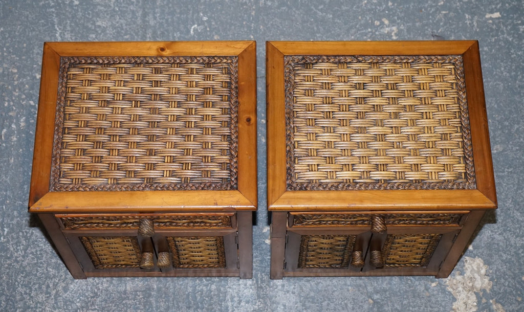 VINTAGE PAIR OF WICKER OR RATTAN NIGHTSTANDS BEDSIDE TABLES CUPBOARD & DRAWER