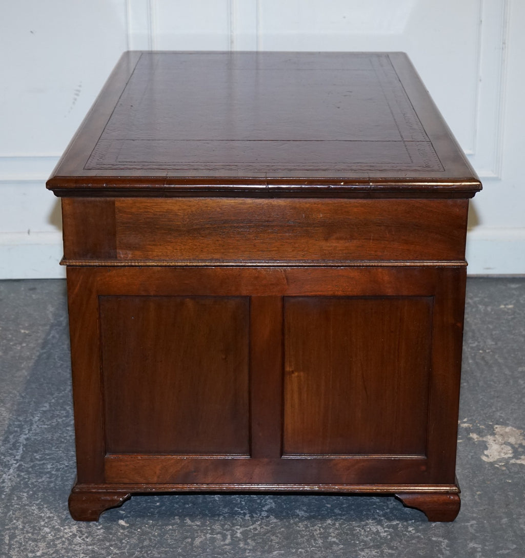 ANTIQUE RESTORED HOBBS & CO LONDON TWIN PEDESTAL DESK HAND DYED RED LEATHER TOP