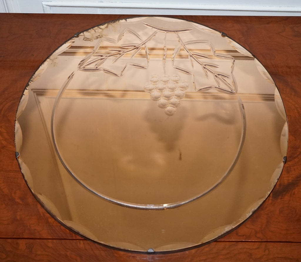 VINTAGE ART DECO PEACH GLASS BEVELED CIRCULAR WALL MIRROR
