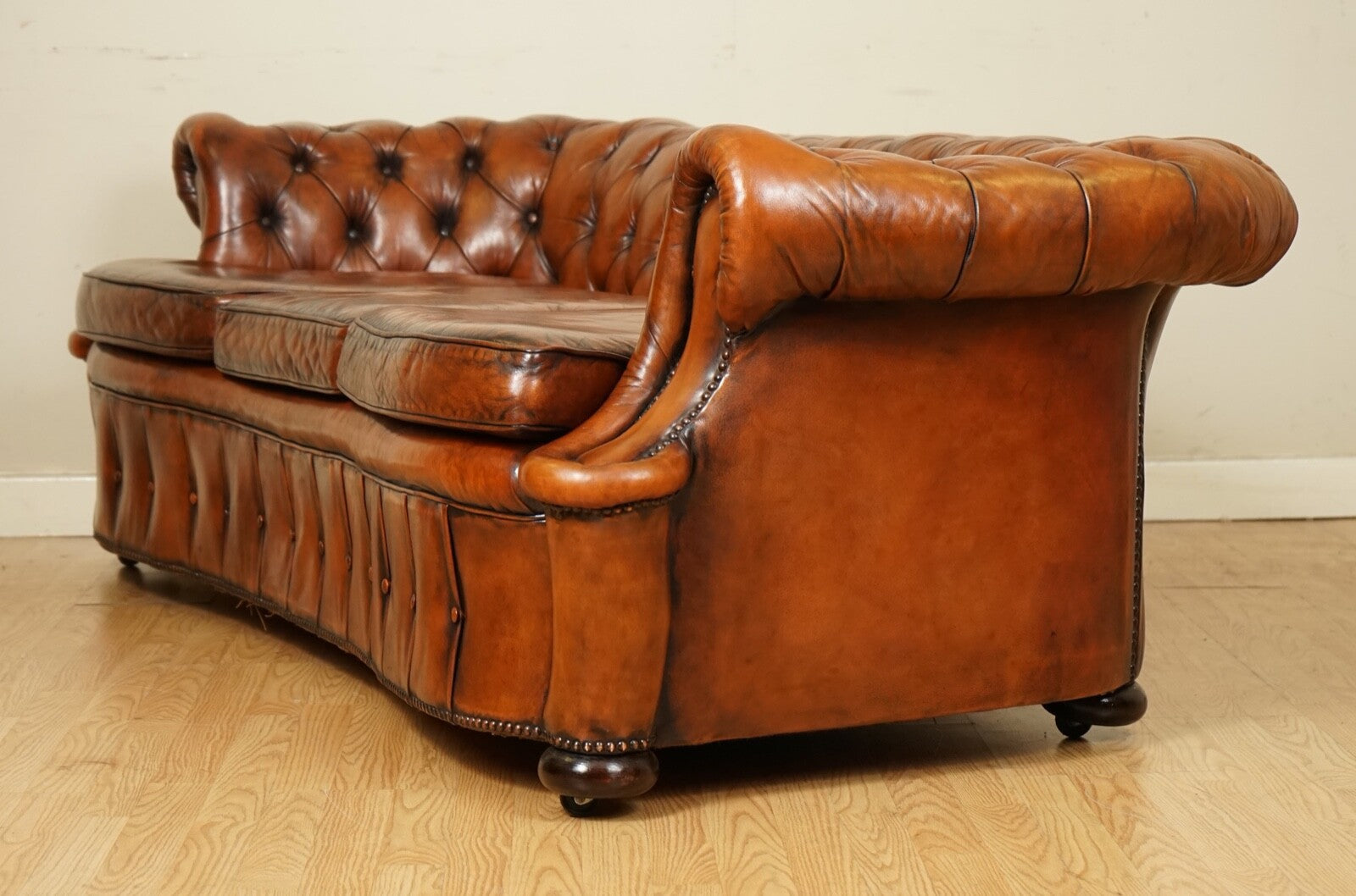 ONE OF A KIND WHISKEY BROWN HAND DYED LEATHER SERPENTINE CLUB CHESTERFIELD SOFA