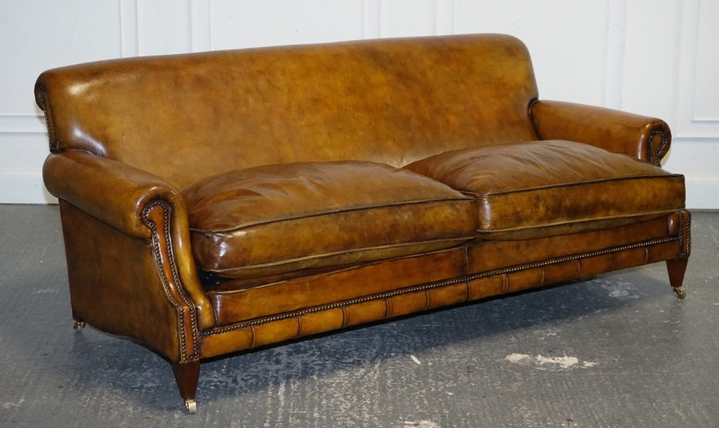 ENGLISH RESTORED HAND DYED LEATHER TWO TO THREE SEATER SOFA