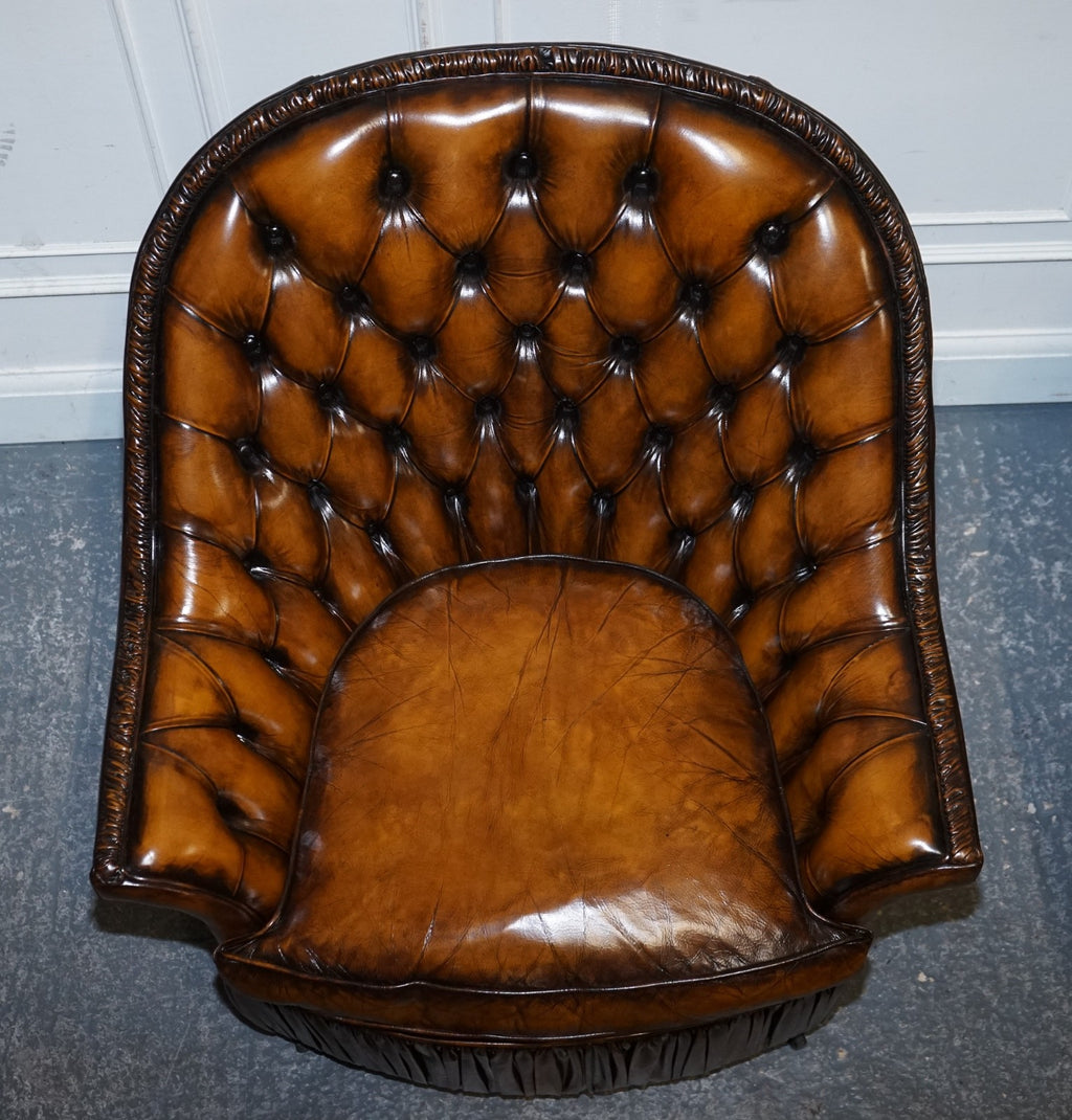 RARE PAIR OF BROWN HAND DYED LEATHER CHESTERFIELD ARMCHAIRS WITH PLEATED FRONT