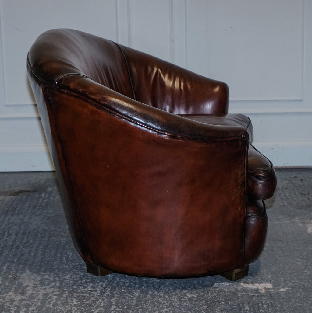 1920'S ART DECO RESTORED HAND DYED WHISKEY BROWN SUITE SOFA ARMCHAIRS FOOTSTOOLS