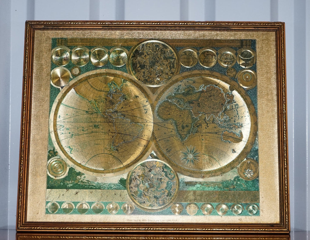VINTAGE FRAMED PRINT PLANISPHAERIUM TERRESTRE GOLD FOIL MAP WORLD PETER SCHENK