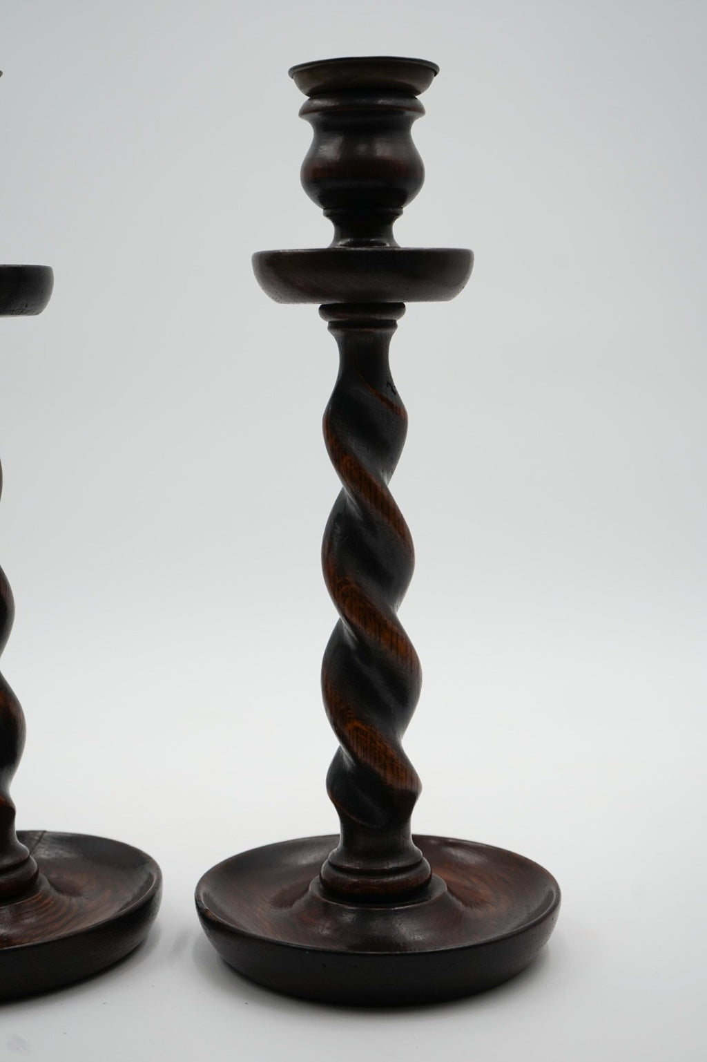 EARLY ViCTORIAN PAIR OF ENGLISH OAK BARLEY TWIST CANDLE STICKS (3)