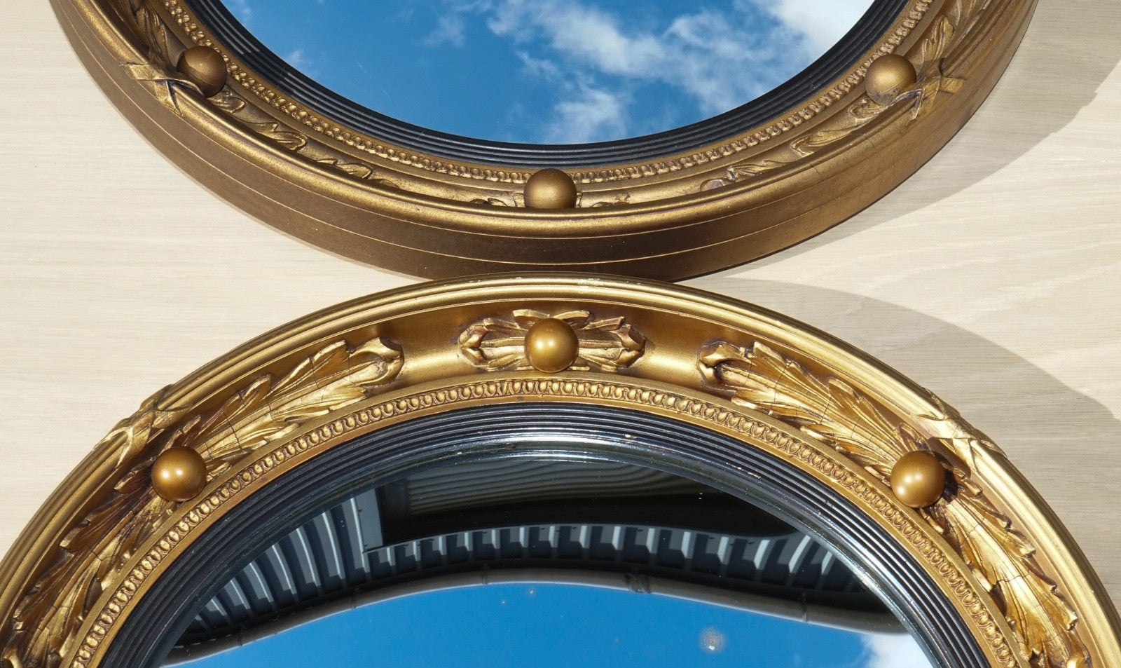 ANTIQUE PAIR OF 1930'S ATSONEA  BUTLERS CONVEX GOLD GILT WOOD WALL MIRROR
