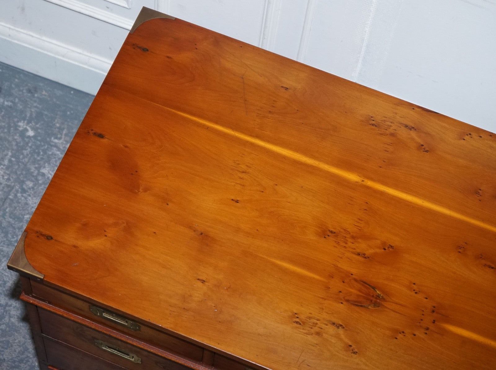 VINTAGE MILITARY CAMPAIGN YEW WOOD TWIN PEDESTAL DESK