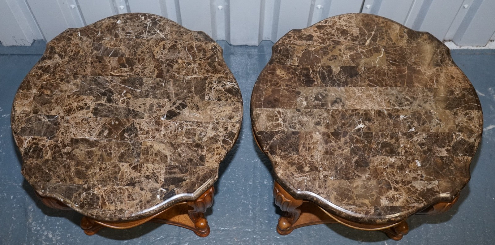 VINTAGE PAIR OF FRENCH STYLE SIDE LAMP TABLES WITH FAUX MARBLE TOPS