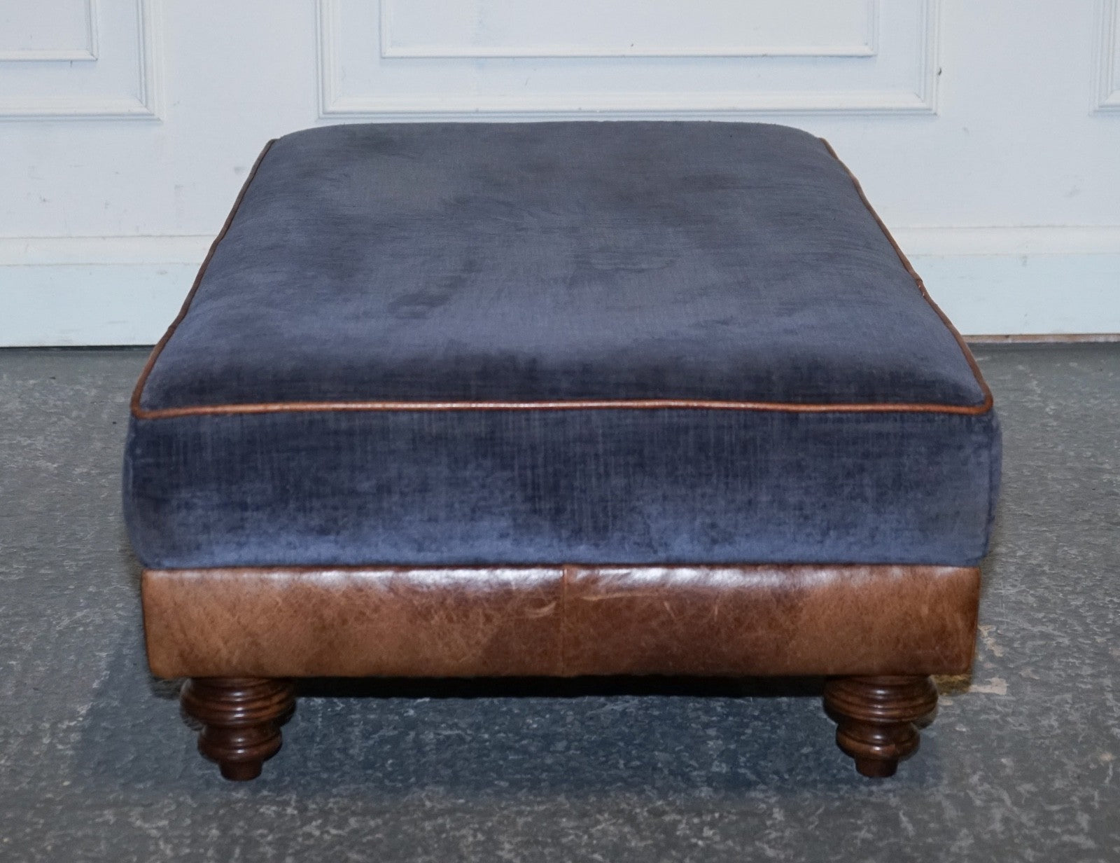 LARGE TETRAD CONSTABLE OTTOMAN RECTANGULAR FOOTSTOOL BLUE FABRIC & LEATHER BASE