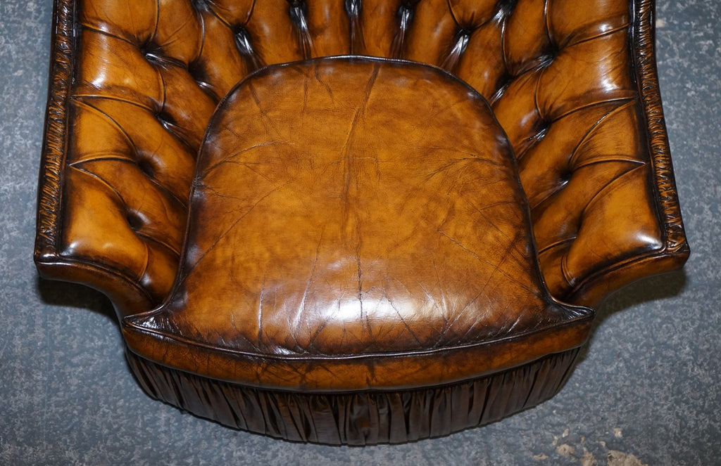 RARE PAIR OF BROWN HAND DYED LEATHER CHESTERFIELD ARMCHAIRS WITH PLEATED FRONT