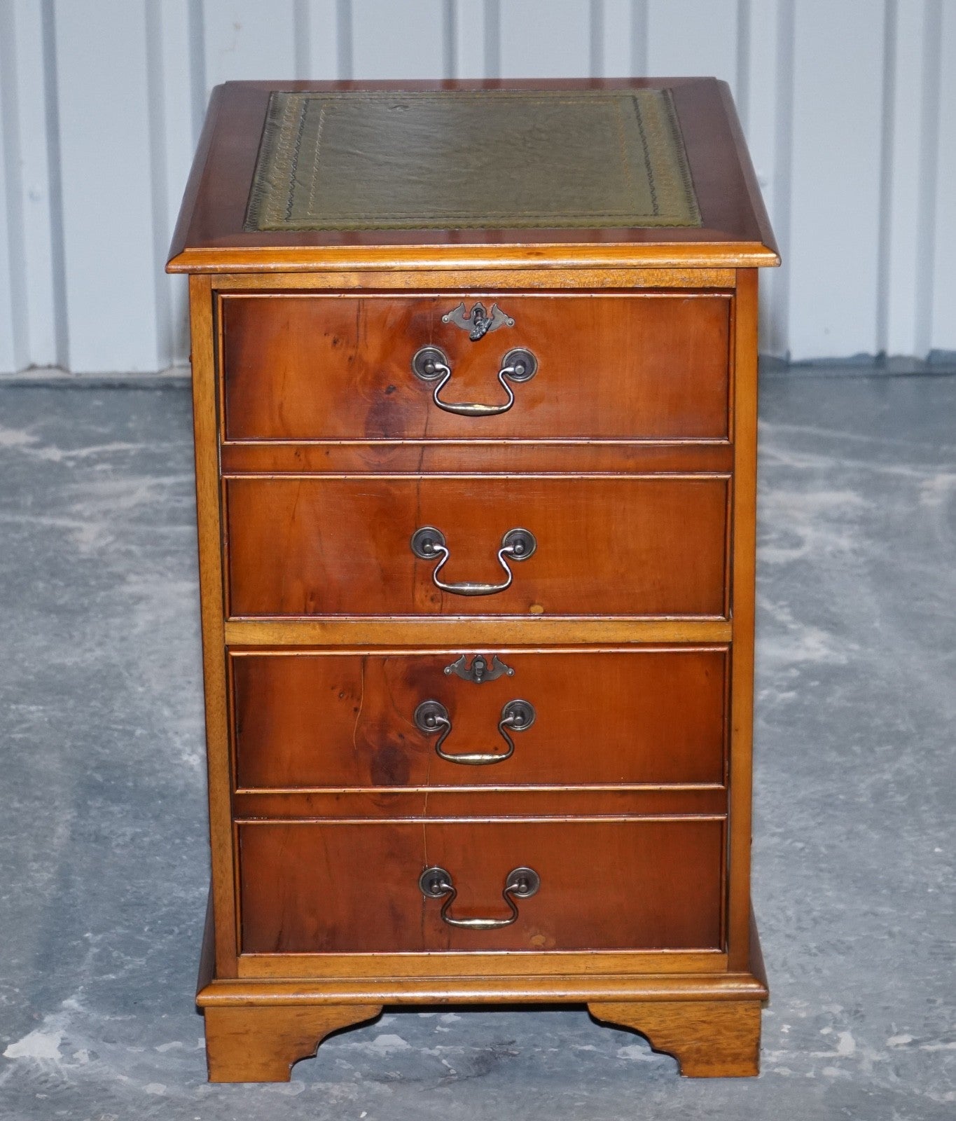 VINTAGE YEW WOOD FILLING CABINET WITH GREEN LEATHER TOP AND TWO DRAWERS (2)