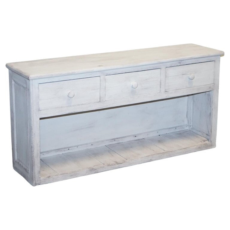 ANTIQUE HAND PAINTED ENGLISH PINE FARMHOUSE SIDEBOARD WITH THREE DRAWERS