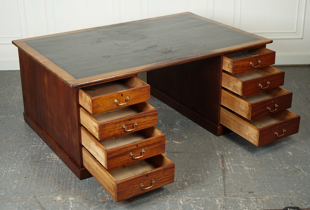 ANTIQUE HUGE DISTRESSED PARTNERS DESK WITH NAVY BLUE LEATHER TOP J1