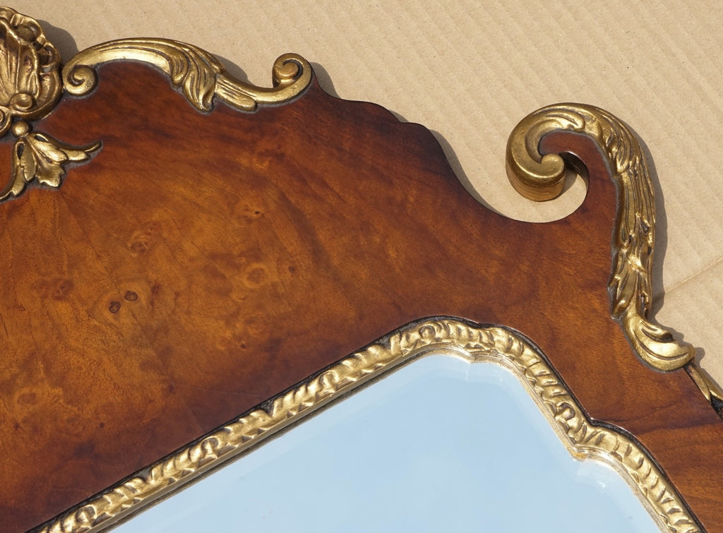 ANTIQUE WALNUT GEORGIAN STYLE HAND CARVED AND PARCEL GILDED WALL MIRROR