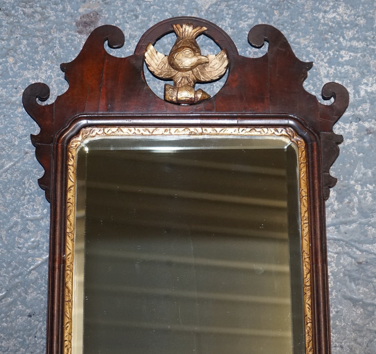 ANTIQUE 1760'S CHIPPENDALE STYLE  WALL MIRROR WITH GILTWOOD & PHOENIX
