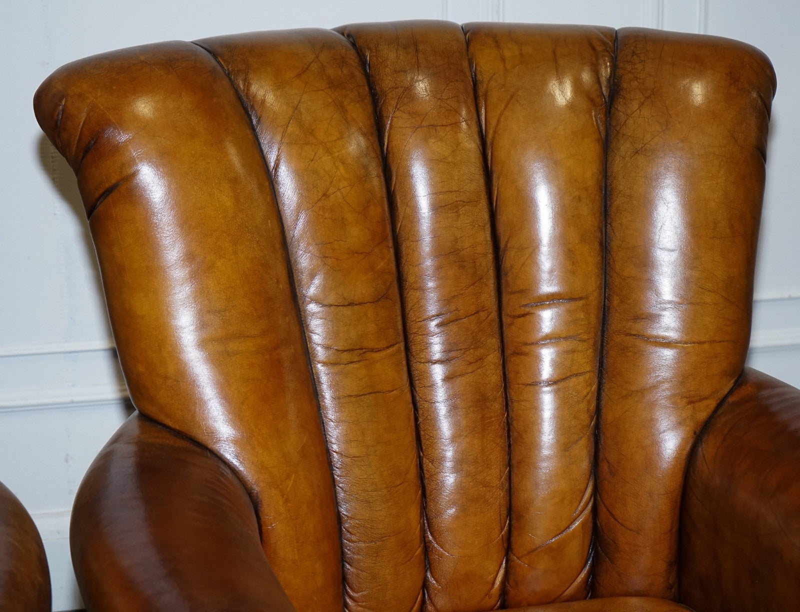 VINTAGE PAIR OF ART DECO STYLE HAND DYED LEATHER SHELL ARM CHAIRS