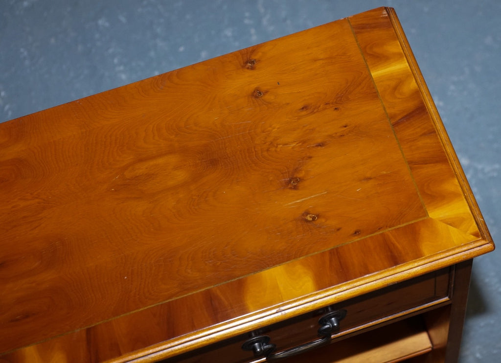 VINTAGE BURR YEW WOOD OPEN DWARF LIBRARY BOOKCASE WiTH TWO DRAWERS & SHELF