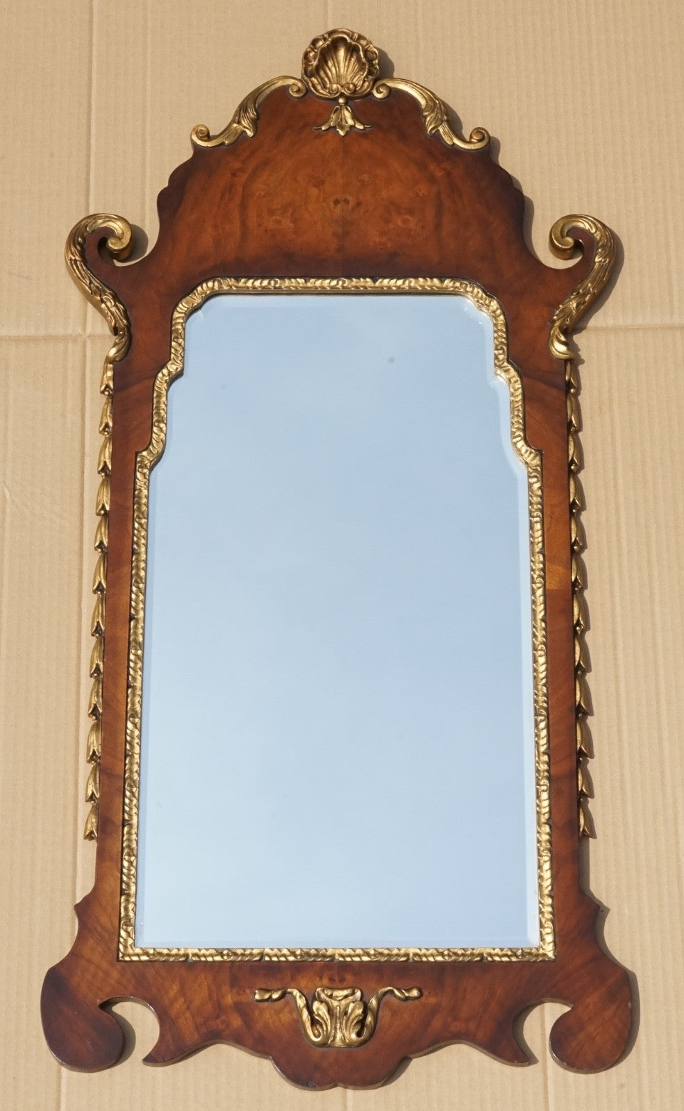 ANTIQUE WALNUT GEORGIAN STYLE HAND CARVED AND PARCEL GILDED WALL MIRROR