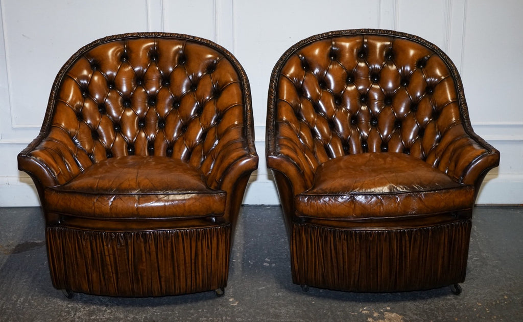 RARE PAIR OF BROWN HAND DYED LEATHER CHESTERFIELD ARMCHAIRS WITH PLEATED FRONT